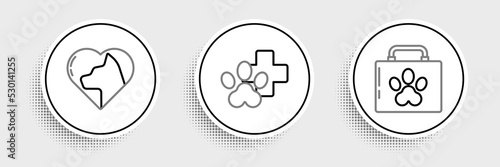 Set line Pet first aid kit, Heart with cat and Veterinary clinic symbol icon. Vector