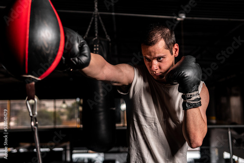 High quality photography. A short-haired Caucasian man throwing a punch at a punching bag. The man is wearing a gray sleeveless shirt. © Wacha Studio