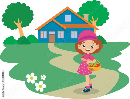 cute girl in front of blue house