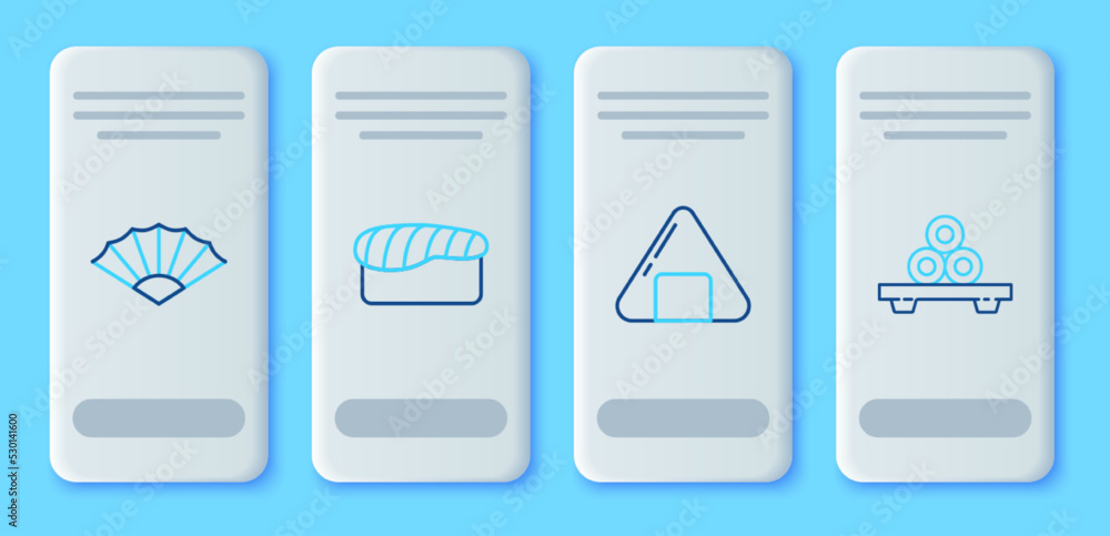 Set line Sushi, Paper chinese or japanese folding fan and on cutting board icon. Vector Set line Sushi, Paper chinese or japanese folding fan and on cutting board icon. Vector