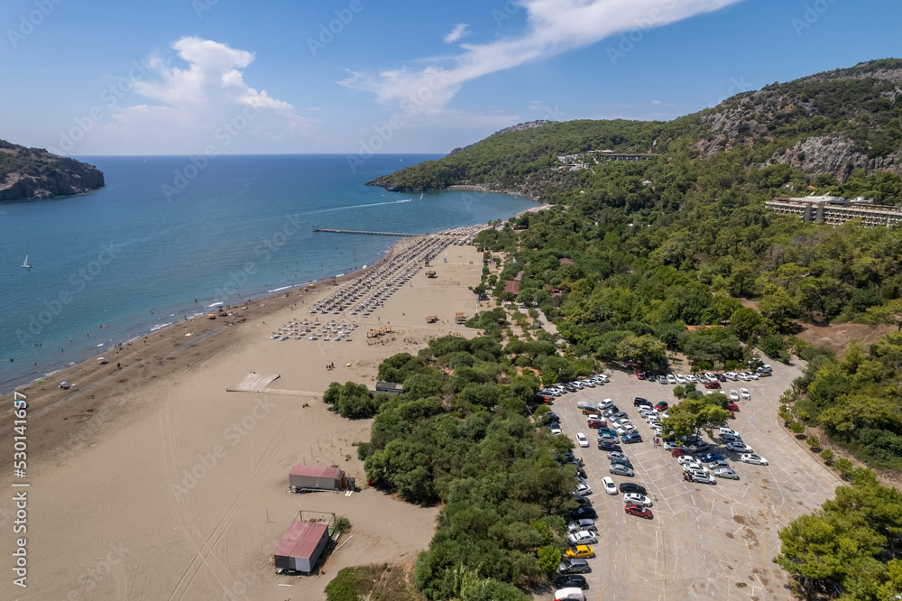 Aerial drone footage of Sarıgerme beach in Ortaca - Muğla - Turkey.