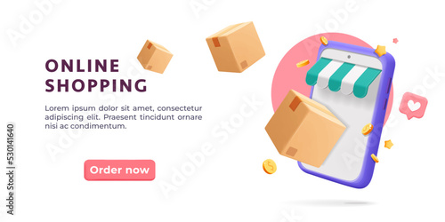 3d vector online shopping with smartphone on mobile app design banner.  Smart business marketing concept. Cartoon render phone with shop awning, social media like, gold coins icons and flying delivery