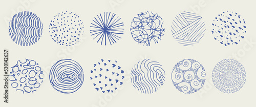 Set of round abstract hand drawn doodle shapes. Backgrounds in the form of a circle of spots, lines, splashes, curves, stripes and dots.