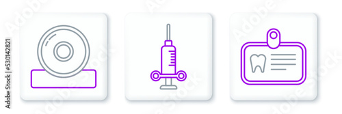 Set line Id card with tooth, Otolaryngological head reflector and Dental medical syringe icon. Vector