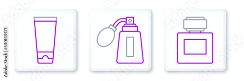 Set line Aftershave, Cream or lotion cosmetic tube and bottle with atomizer icon. Vector