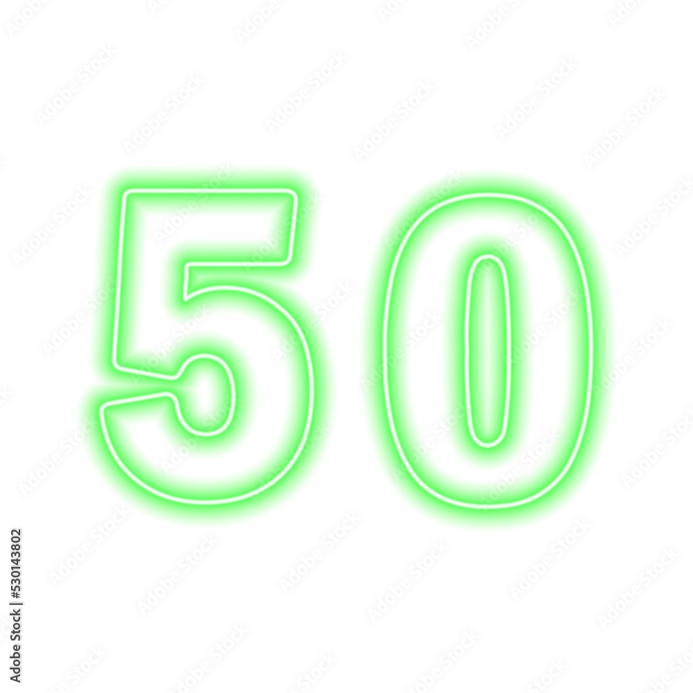 Neon green number 50 isolated on white. Serial number, price, place Neon green number 50 isolated on white. Serial number, price, place