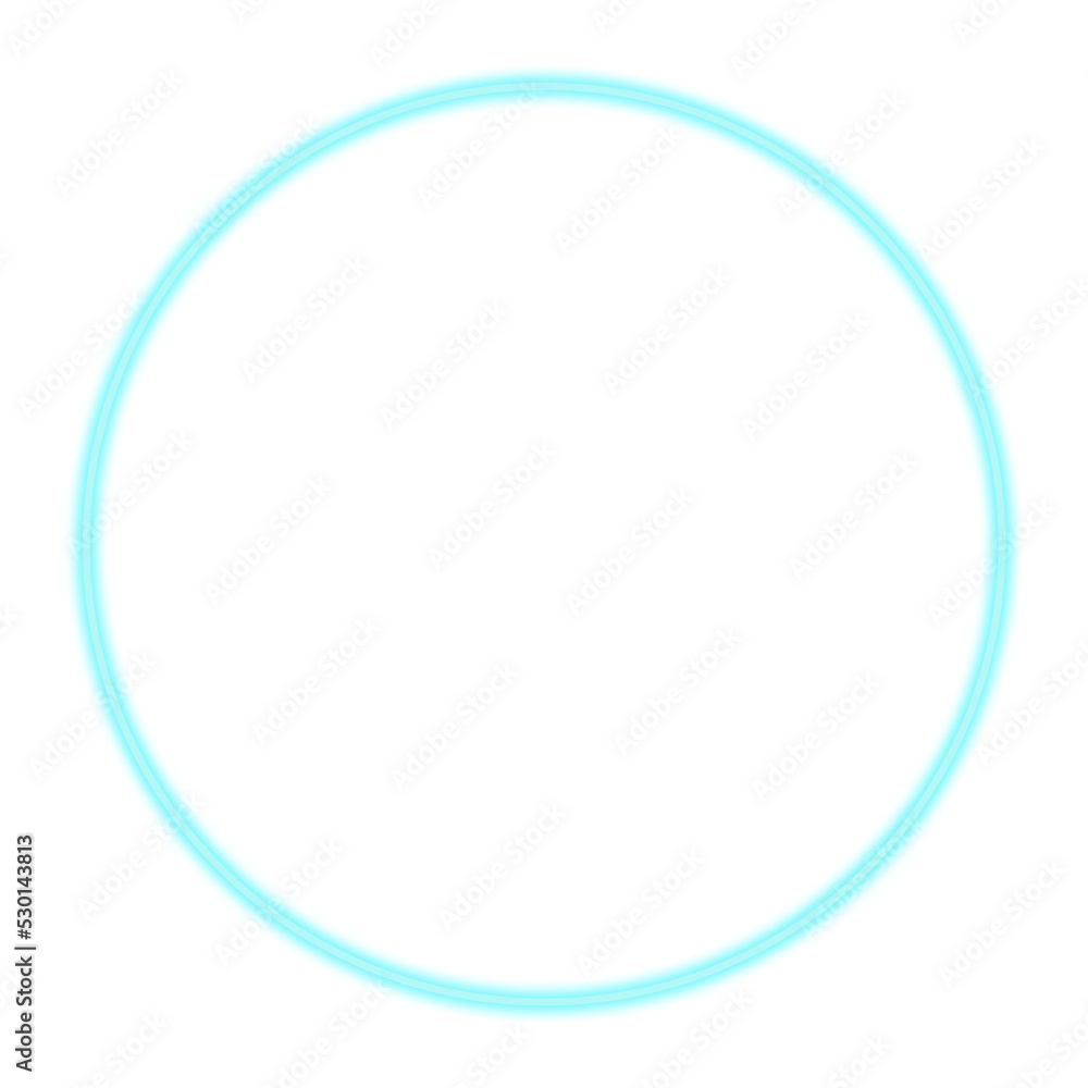 Neon lightning effect. Light blue, turquoise glowing circle.  Isolated png illustration, transparent background. Asset for overlay, montage, collage, border or screen filter. Business, tech concept. 
