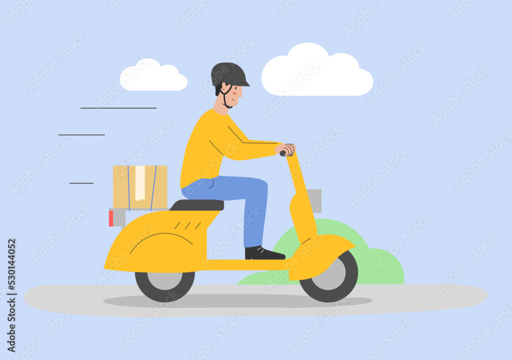 Mobile App Online Courier Delivery Home And Office Service. Male Character Courier Delivers Cardboard Box Parcel On Motor Scooter To Customer House. Cartoon Linear Outline Flat Vector Illustration