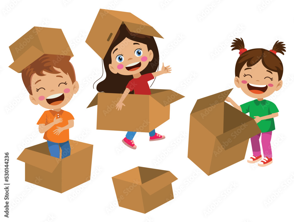 children having fun playing with toys made from cardboard boxes children having fun playing with toys made from cardboard boxes