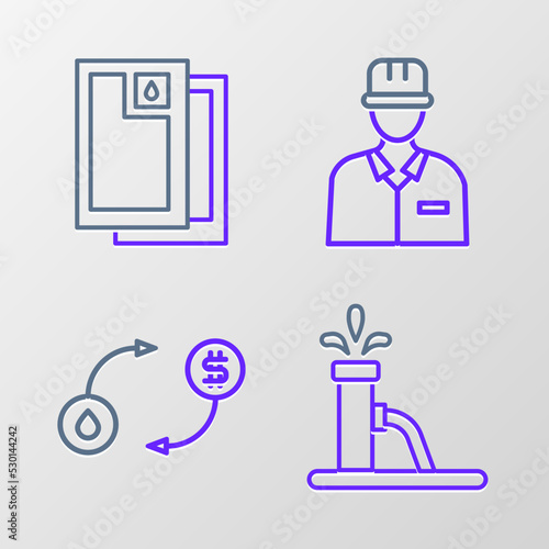Set line Oil pump or pump jack, exchange, Oilman and Barrel oil icon. Vector