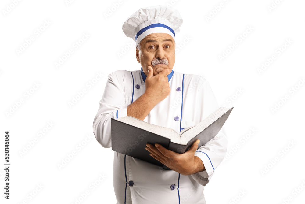Confused male chef holding a cook book Confused male chef holding a cook book