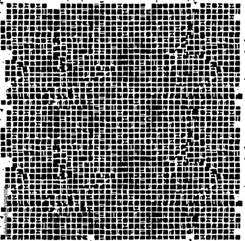 Rough, irregular texture composed of monochrome geometric elements. Overlay distressed grunge background. Abstract vector illustration. Isolated on white background. EPS10