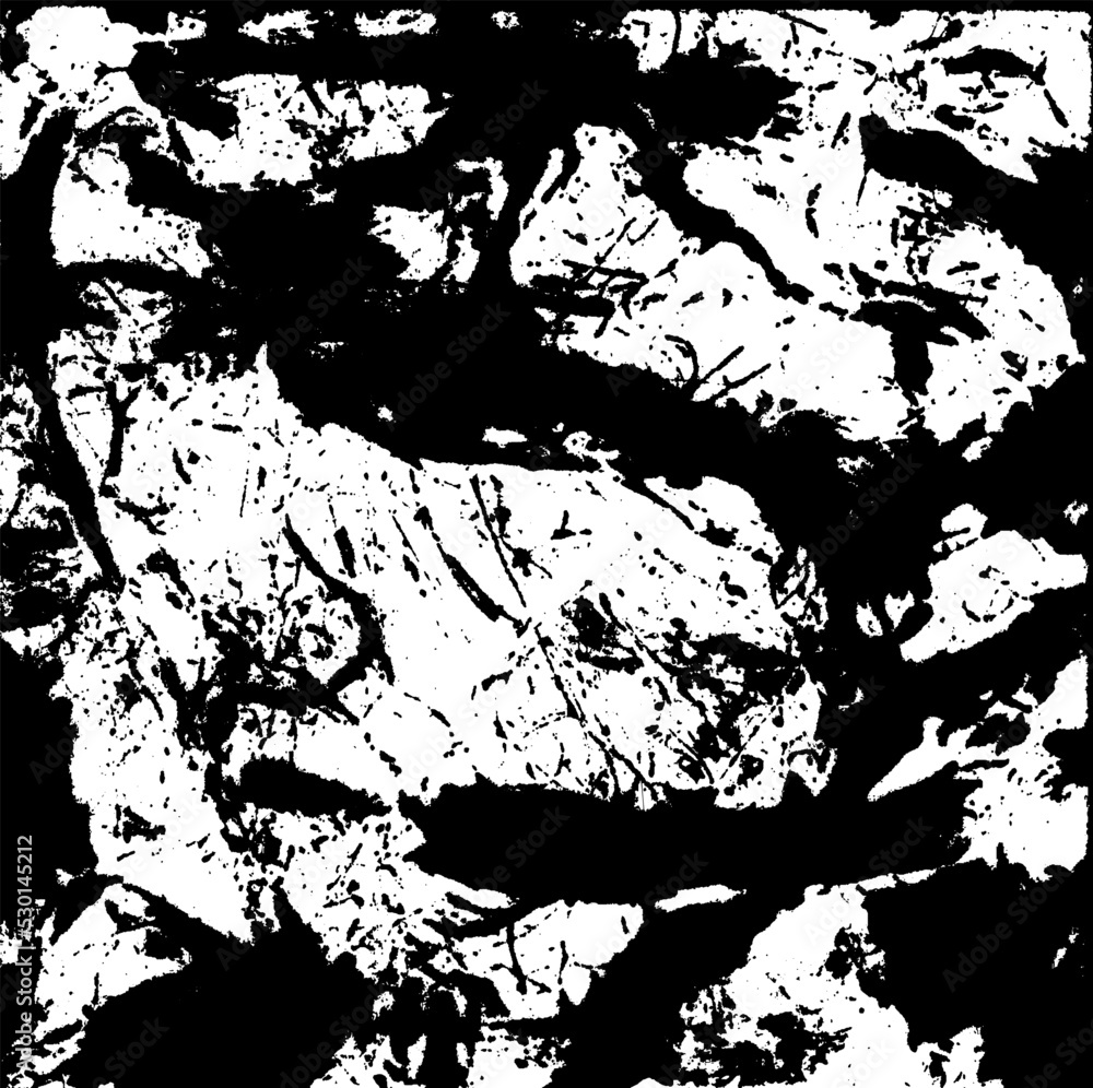 Obraz premium Monochrome texture composed of irregular graphic elements. Distressed uneven grunge background. Abstract vector illustration. Overlay for interesting effect and depth. Isolated on white background.