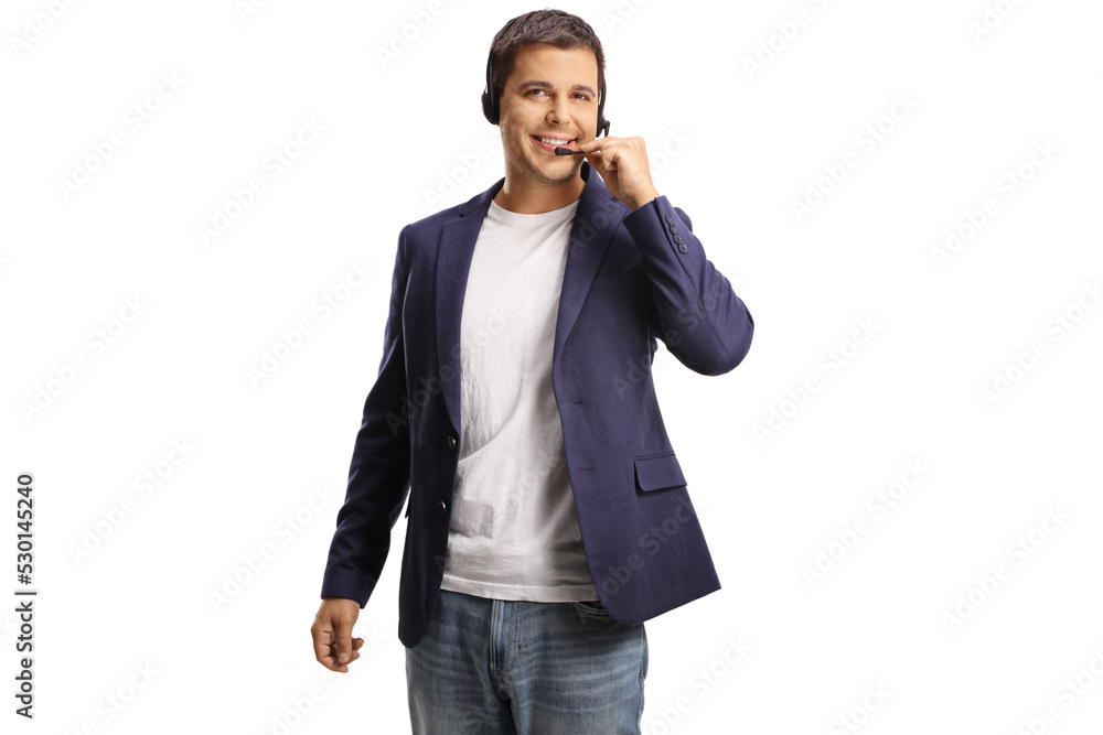 Smiling man with a headset and handsfree microphone Smiling man with a headset and handsfree microphone