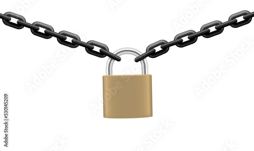 Padlock holding two links of a strong chain together, brass colored security device, black iron chain. Isolated vector illustration on white background.
