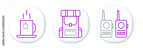 Set line Walkie talkie, Cup of tea with tea bag and Hiking backpack icon. Vector