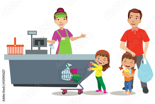 cute boy shopping at the market and his father paying at the cash register