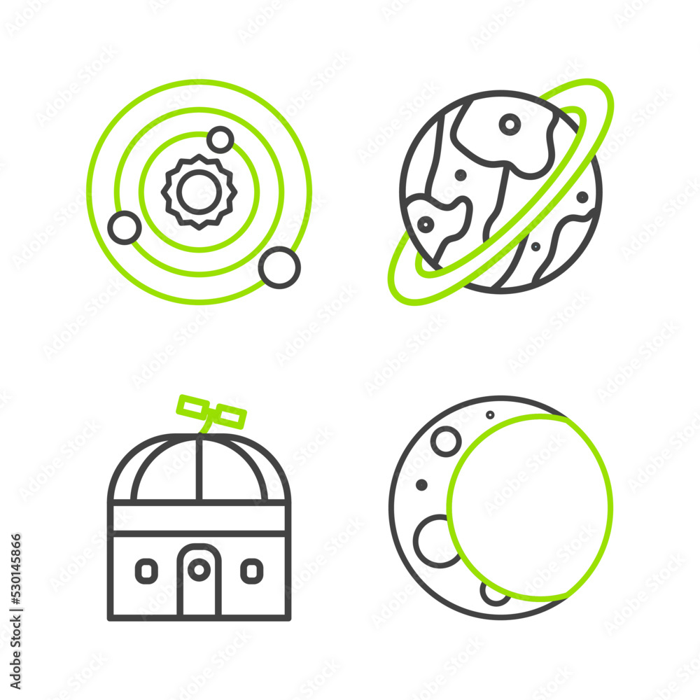 Set line Moon, Astronomical observatory, Space capsule and parachute and Solar system icon. Vector
