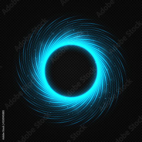  Blue light circle with sparkles. The blue flash flies in a circle in a luminous ring. Abstract glittering swirl.