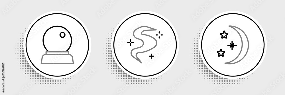 Set line Moon and stars, Magic ball and fog or smoke icon. Vector Set line Moon and stars, Magic ball and fog or smoke icon. Vector