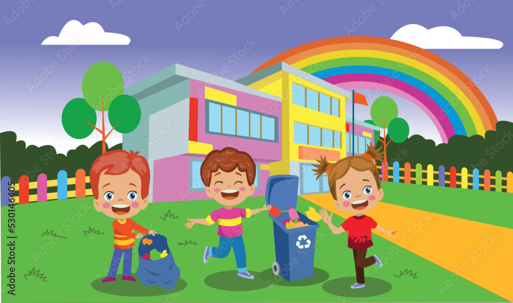 Cheerful Children Collecting Garbage İn The Schoolyard. (Recycle)