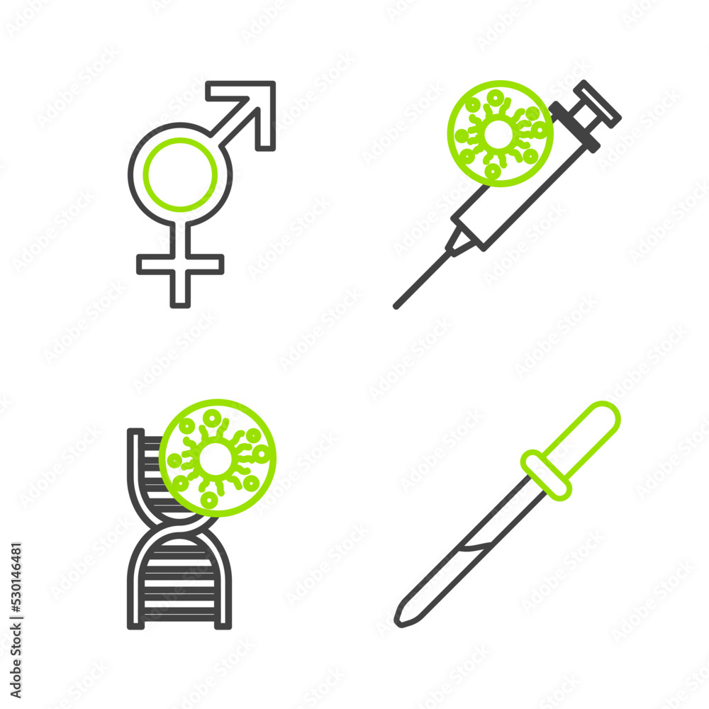 Set line Pipette, DNA symbol and virus, Syringe and Gender icon. Vector Set line Pipette, DNA symbol and virus, Syringe and Gender icon. Vector