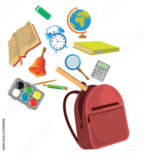 school bag book calculator clock pen ruler paint