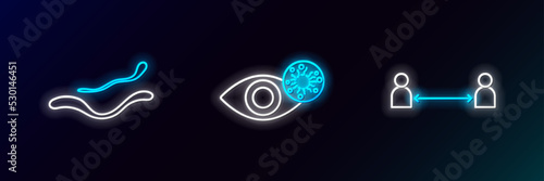 Set line Safe distance, Ebola virus disease and Reddish eye due to icon. Glowing neon. Vector