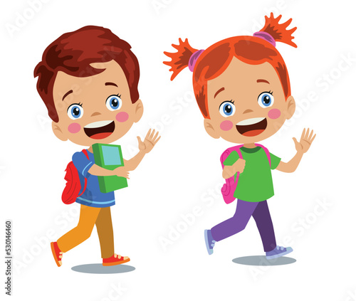 cute happy boy and girl going to school