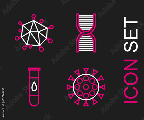 Set line Virus, Blood test and virus, DNA symbol and icon. Vector