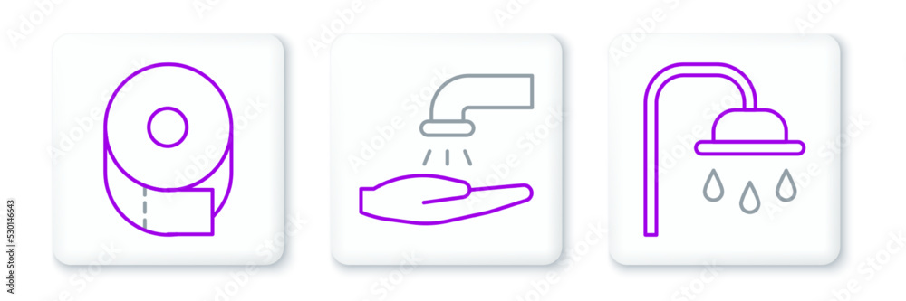 Set line Shower head, Toilet paper roll and Washing hands with soap icon. Vector Set line Shower head, Toilet paper roll and Washing hands with soap icon. Vector