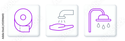Set line Shower head, Toilet paper roll and Washing hands with soap icon. Vector