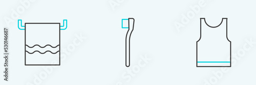 Set line Sleeveless T-shirt, Towel on a hanger and Toothbrush icon. Vector
