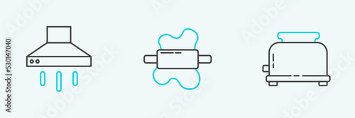 Set line Toaster, Kitchen extractor fan and Rolling pin on dough icon. Vector