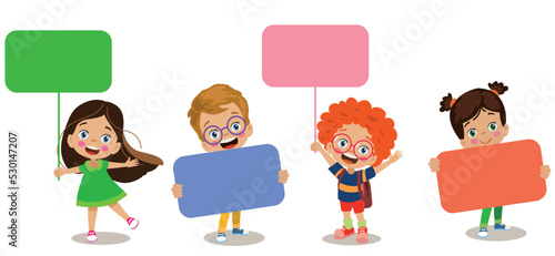 Cute and happy children holding placard your text here note paper