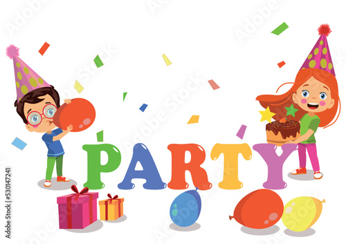 happy kids with birthday party party lettering background