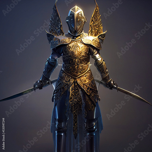 Canvas Print digital render of a golden knight in armour with wings