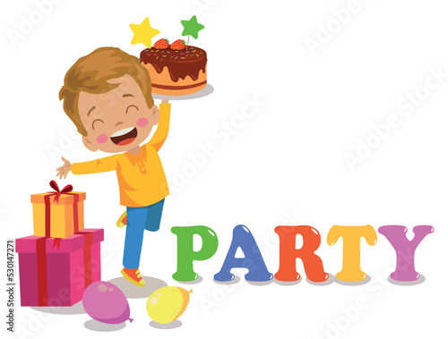 birthday party with party lettering background and birthday cake