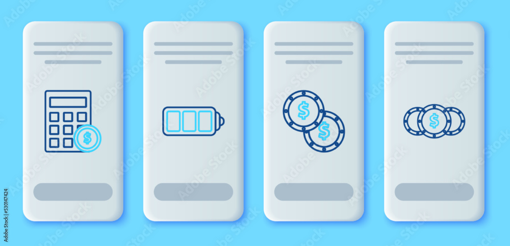 Set line Battery charge level indicator, Coin money with dollar symbol, Calculator and icon. Vector Set line Battery charge level indicator, Coin money with dollar symbol, Calculator and icon. Vector