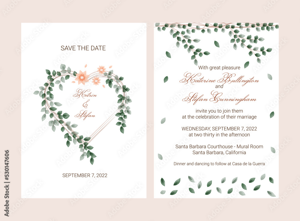Rustic wedding invitation. Composition in the form of a frame with green leaves and pink flowers. Watercolor.