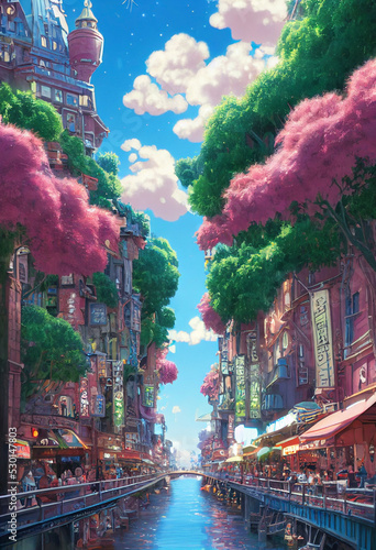 fantasy town in bright colors illustration