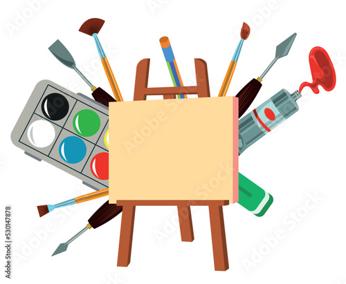 Art studio hand drawn art tools and supplies set. Palette paintbrush pensil oil paint watercolor