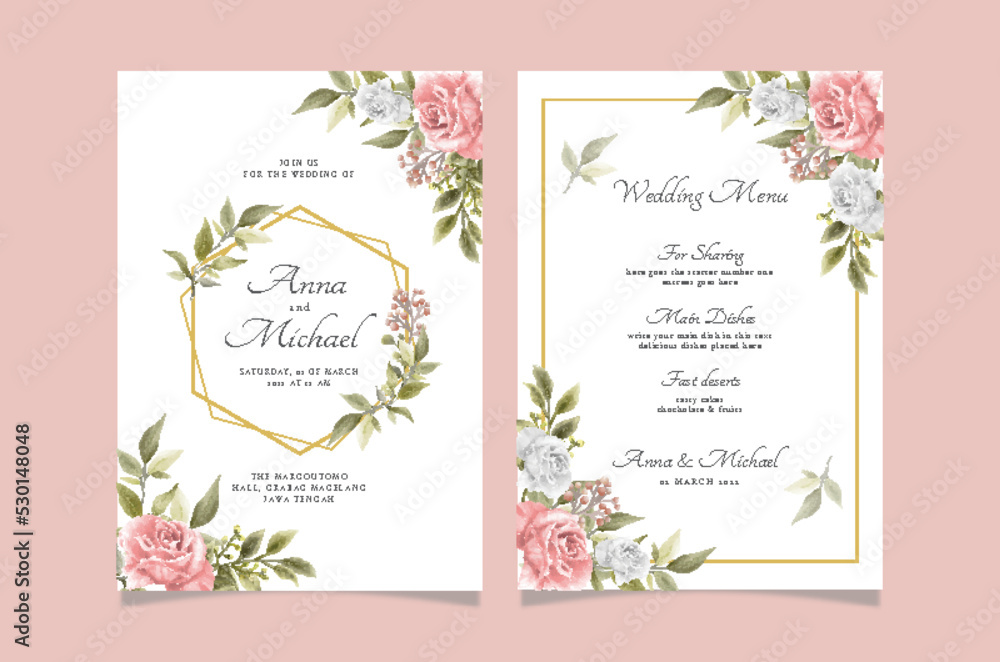 Set of card with flower rose and leaves. Wedding ornament concept. Floral poster invitation. Vector decorative greeting card or invitation design background
