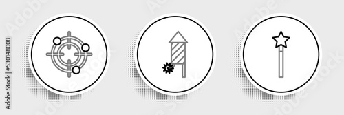 Set line Magic wand, Target sport for shooting competition and Firework rocket icon. Vector