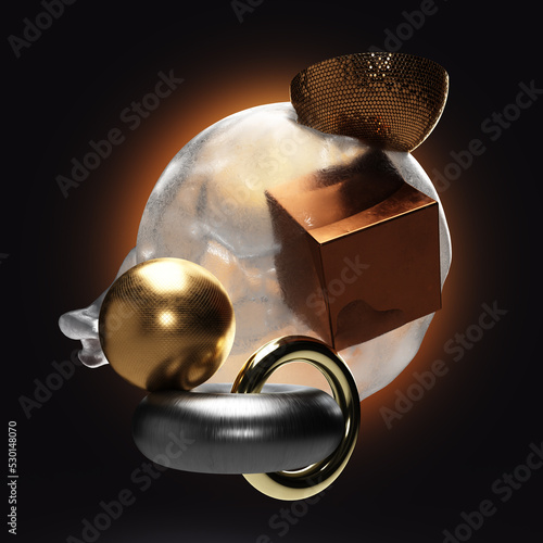 Metallic Cube and Other Object Covered by Ice