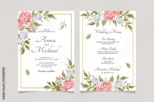 Set of card with flower rose and leaves. Wedding ornament concept. Floral poster invitation. Vector decorative greeting card or invitation design background