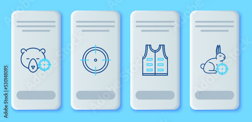 Set line Target sport for shooting competition, Hunting jacket, bear with crosshairs and rabbit icon. Vector