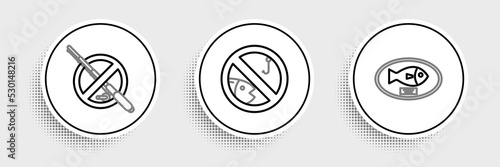 Set line Fish trophy hanging on the board, No fishing and icon. Vector