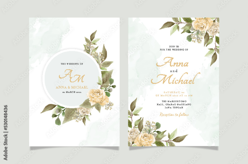 Set of card with green flower rose and leaves. Wedding ornament concept. Floral poster invitation. Vector decorative greeting card or invitation design background