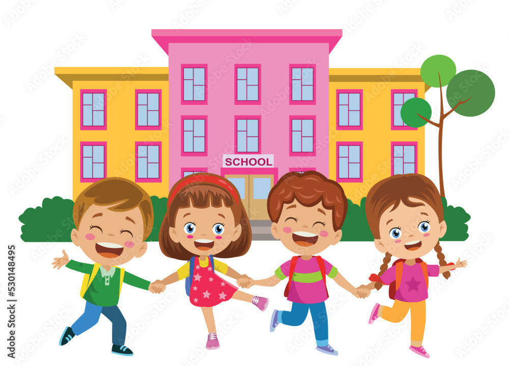 Happy Kids Going To School Holding Hands Happy Kids Going To School Holding Hands